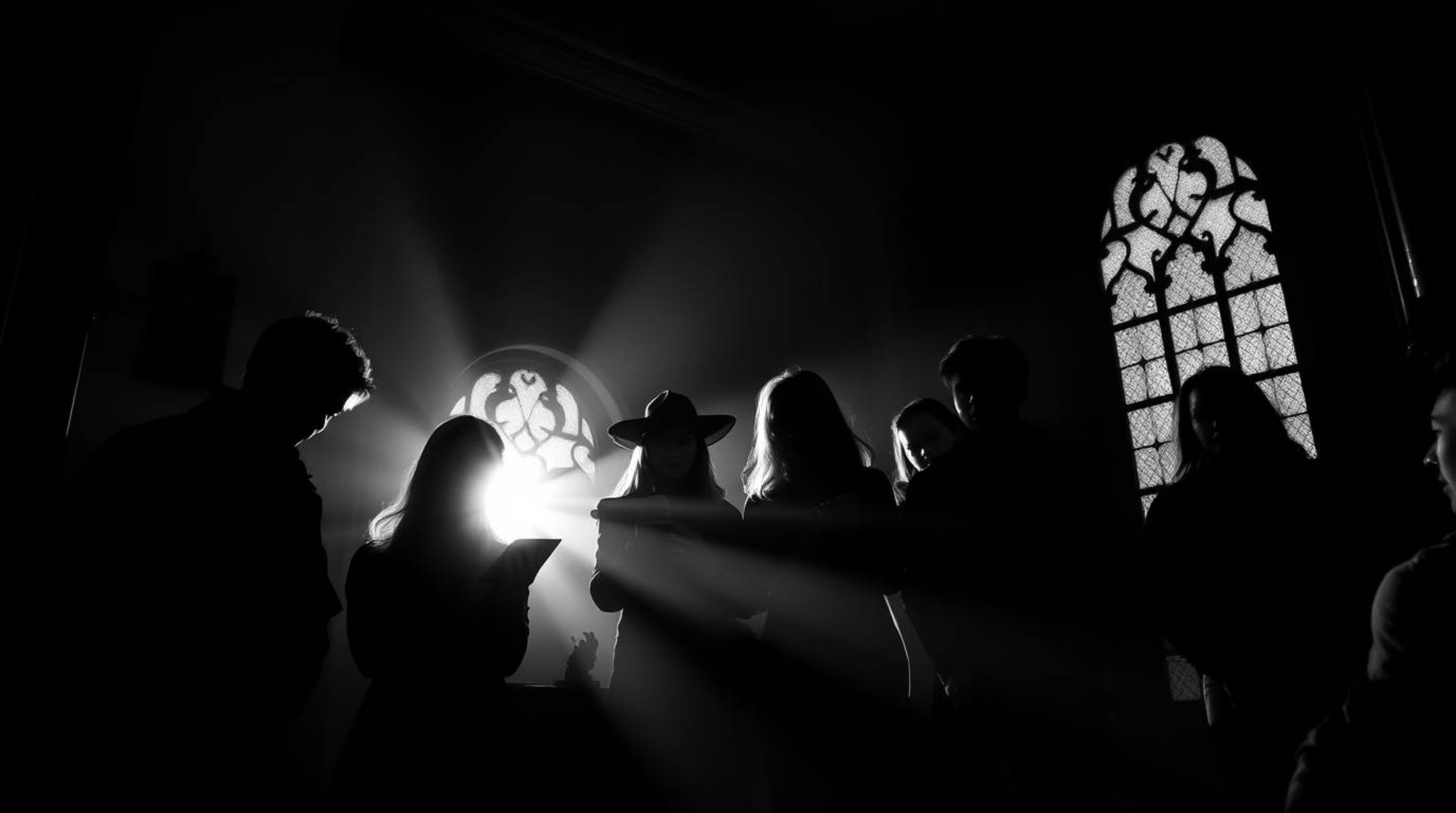 Experience the timeless elegance of a classic black and white silhouette photograph depicting teenagers unraveling mysteries 