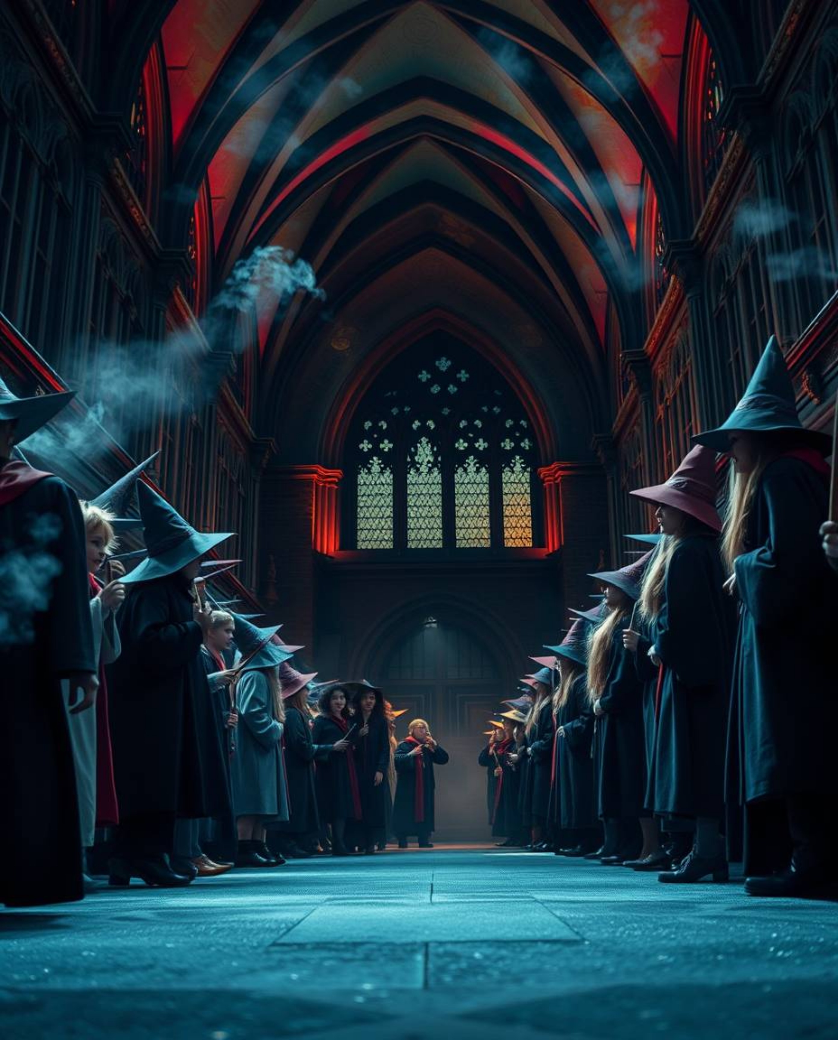 Discover a captivating low-angle view of a magical school teeming with young wizards.  Volumetric lighting bathes the scene i