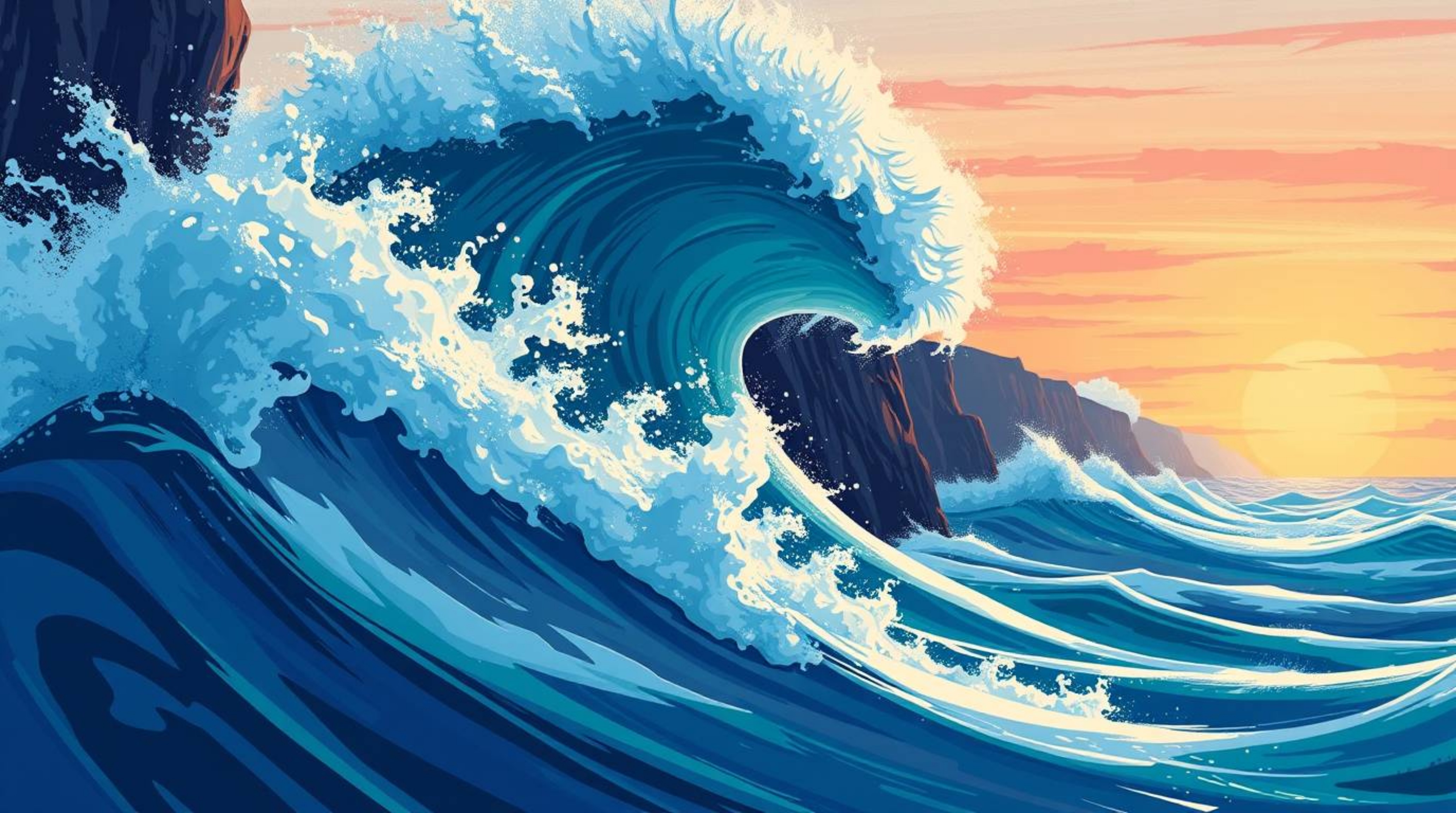A captivating dynamic action illustration depicts cool-toned waves crashing against dramatic cliffs at sunset. The artwork f