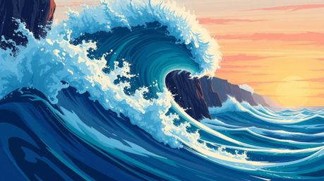 A captivating dynamic action illustration depicts cool-toned waves crashing against dramatic cliffs at sunset.  The artwork f
