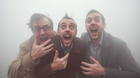 Experience a hilarious gross-out comedy moment captured in a photograph, featuring exaggerated expressions amidst thick fog a