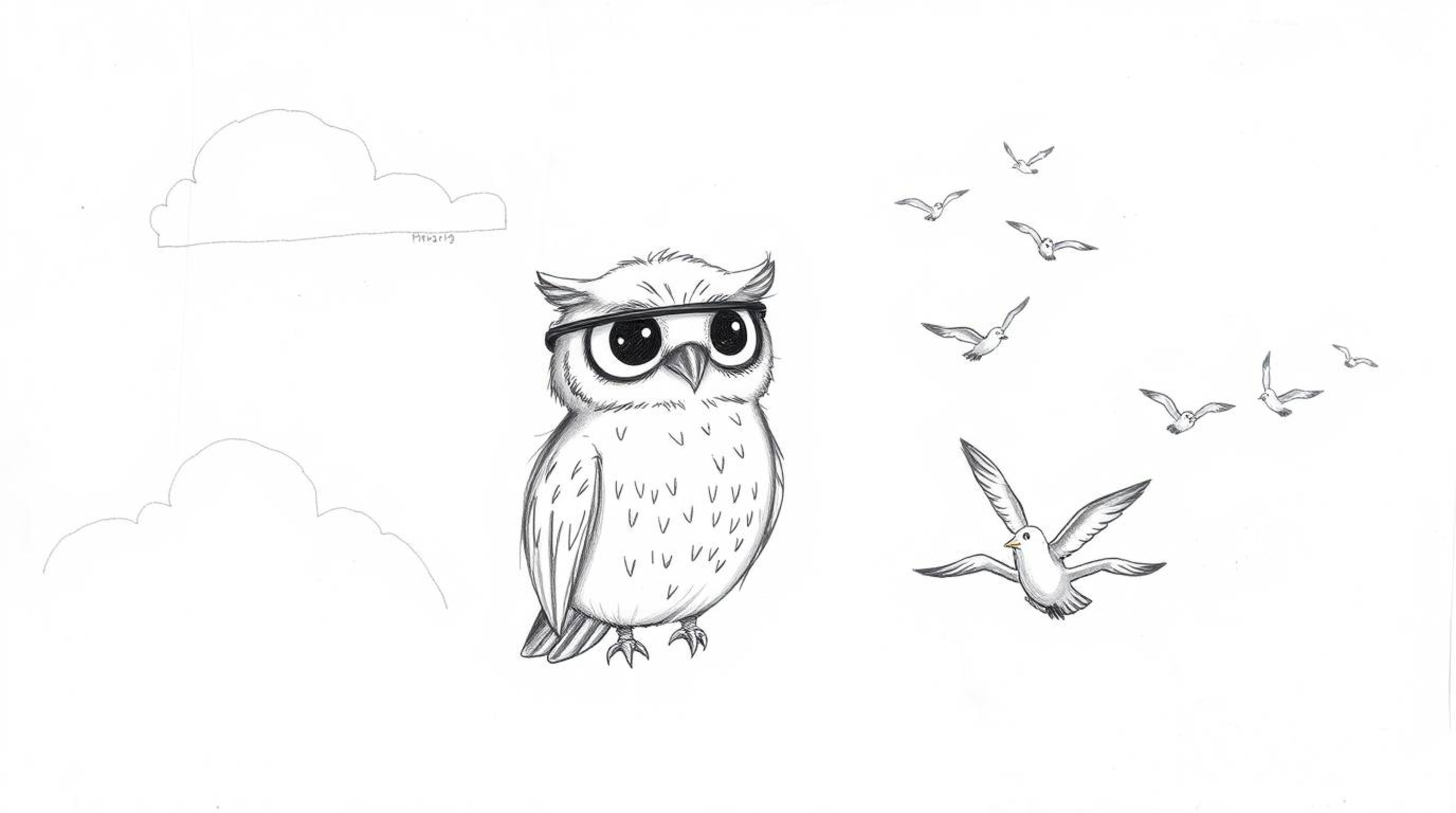 A heartwarming Pixar-esque sketch depicts a blind owl with endearing features guiding a flock of birds in their flight. The a