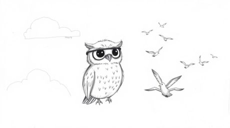 A heartwarming Pixar-esque sketch depicts a blind owl with endearing features guiding a flock of birds in their flight. The a