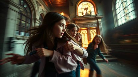 A captivating image depicting a group of teenagers unraveling a mystery within a mystically enchanting haunted mansion.  The 