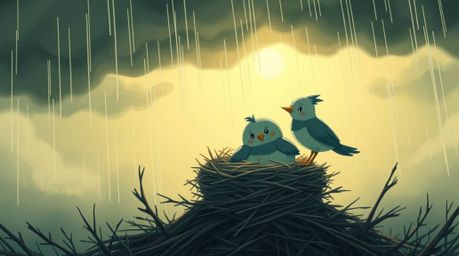 An ethereal, moody illustration in classic animation style depicts two cartoon birds building a nest under intense, dramatic