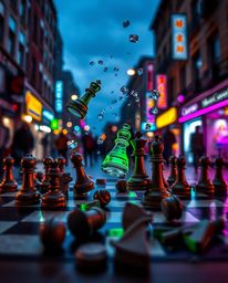 Capture the spontaneous energy of a candid street photography scene depicting a chessboard with pieces frozen mid-air in a st