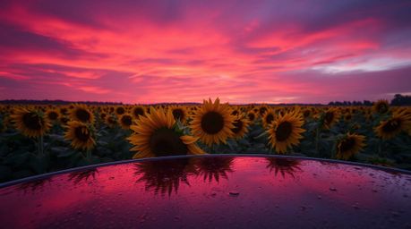 Capture the beauty of nature with this stunning bird's-eye view photograph of a sunflower field bathed in the vibrant hues of