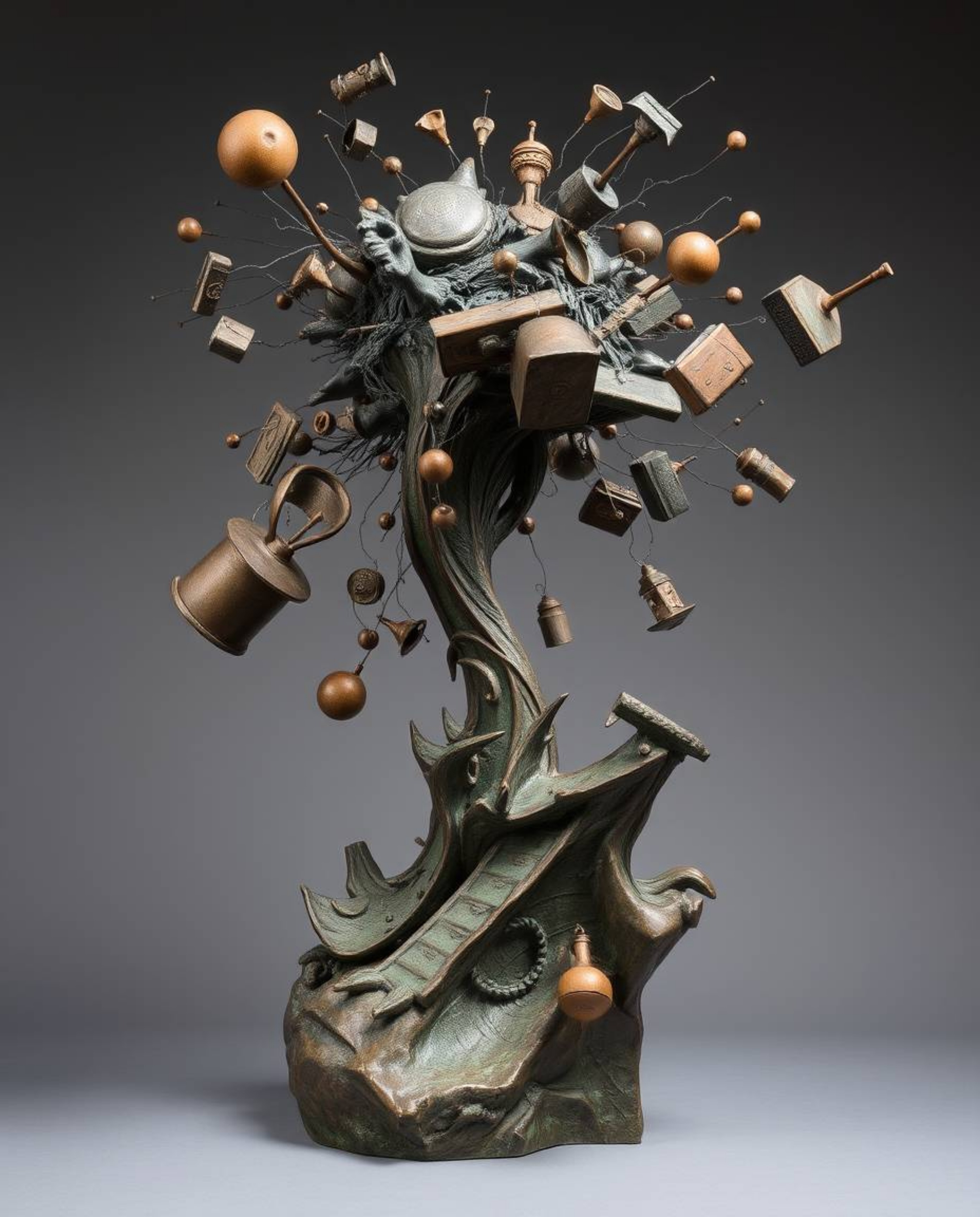 This captivating cast bronze sculpture depicts a surreal storm scene, where familiar objects are seen suspended in mid-air, d