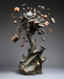 This captivating cast bronze sculpture depicts a surreal storm scene, where familiar objects are seen suspended in mid-air, d