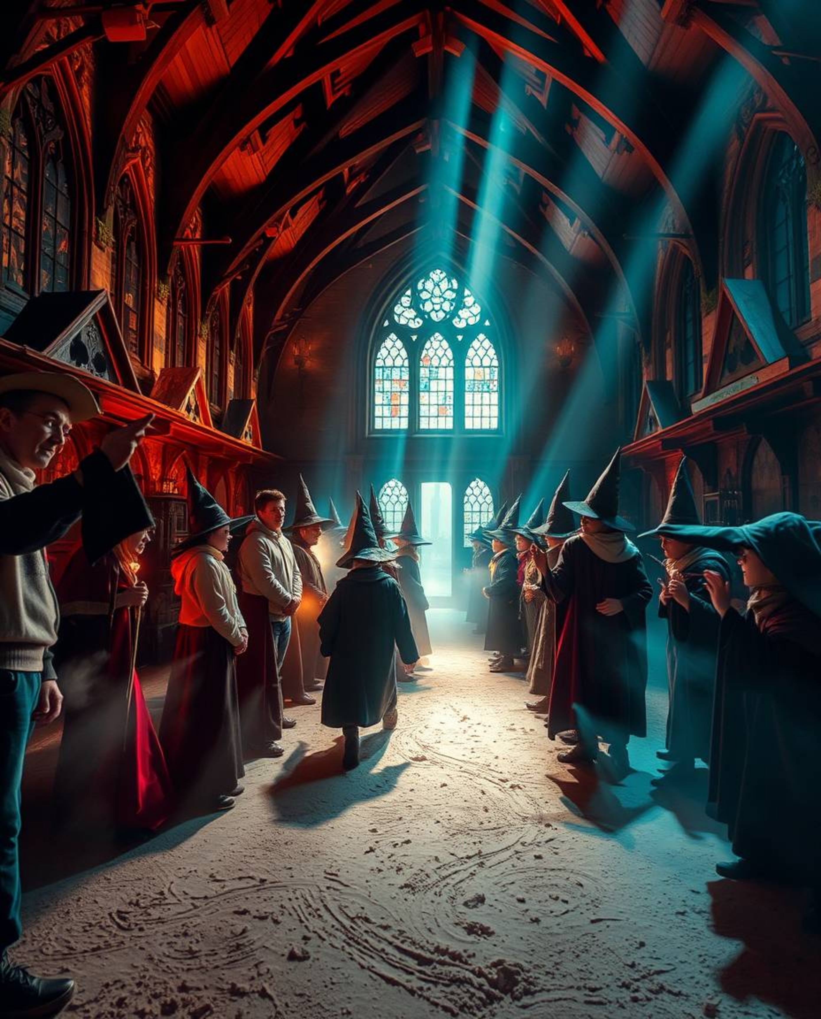Explore a captivating magical school brimming with young wizards, showcasing a harmonious blend of warm terracotta and cool t