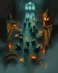 Explore a breathtaking aerial view of a magical school brimming with young wizards, rendered in complementary epic colors and