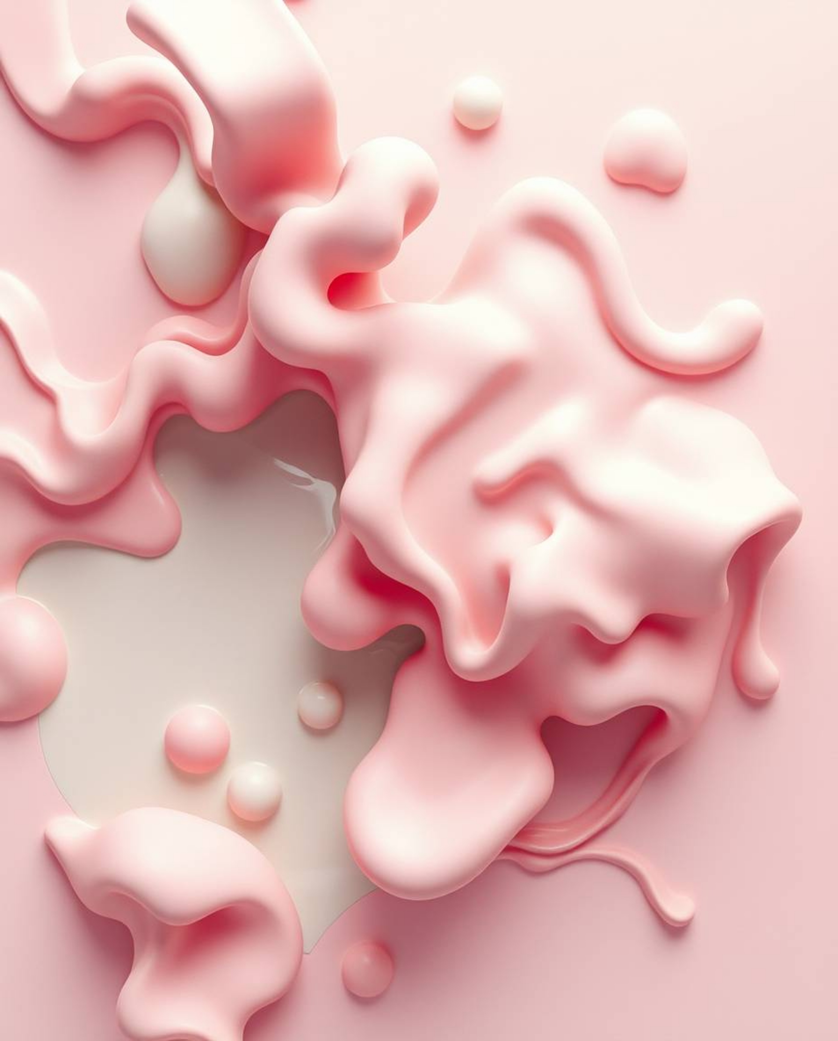 Explore dreamlike and surreal abstract art featuring 3D liquid forms rendered in soft pastel colors. This top-down, bird's-ey