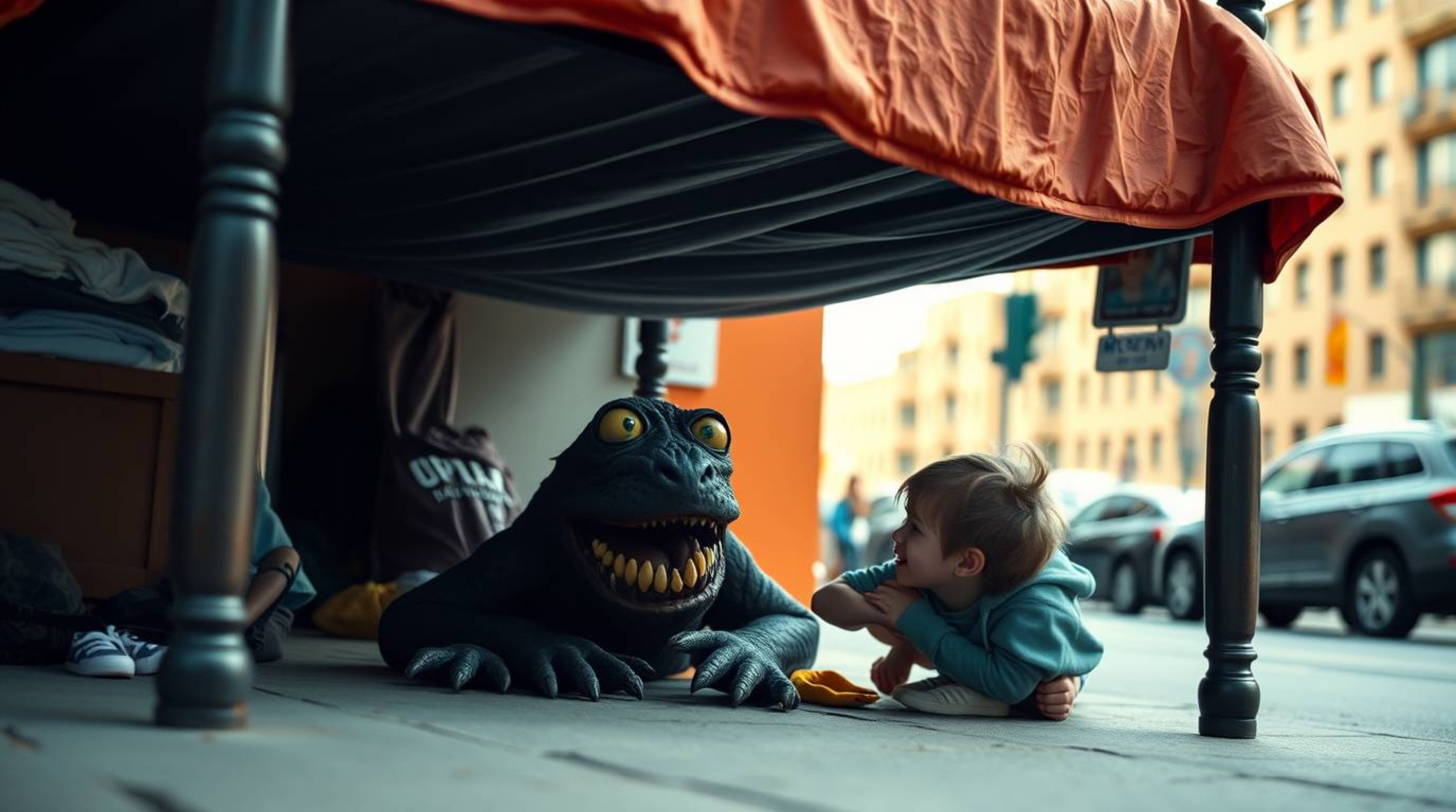 A heartwarming candid street photography series captures the unlikely friendship between a monster under a bed and a child.  