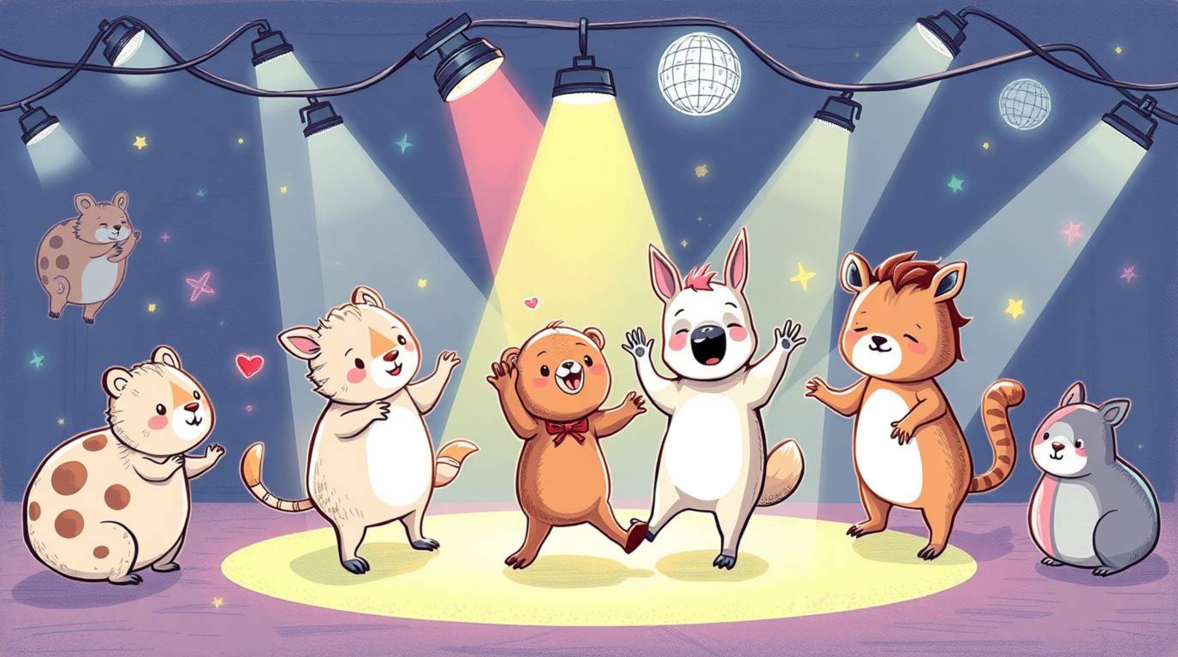 A vibrant color sketchnote style hand-drawn sketch depicting an adorable animal dance party under the glow of disco lights. T