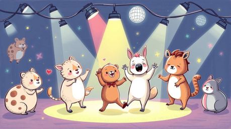 A vibrant color sketchnote style hand-drawn sketch depicting an adorable animal dance party under the glow of disco lights. T