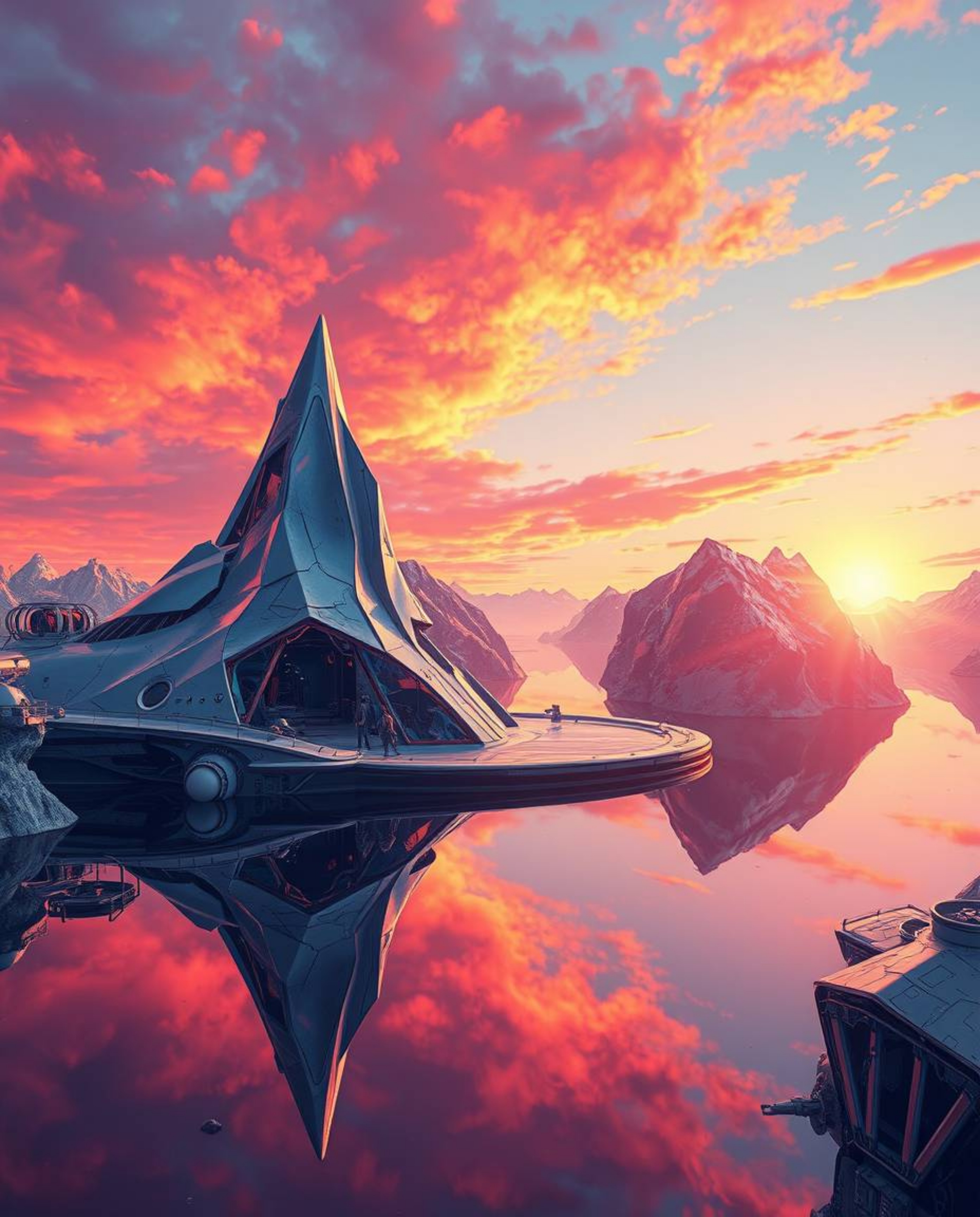A futuristic sci-fi illustration of a glassy fjord reflecting a sunset. This piece is characterized by its graceful, elegant 