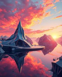 A futuristic sci-fi illustration of a glassy fjord reflecting a sunset. This piece is characterized by its graceful, elegant 