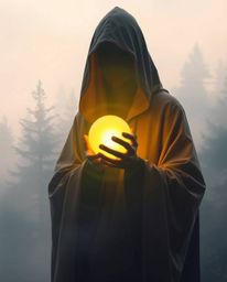 A cloaked figure stands enveloped in the ethereal embrace of a misty forest, holding aloft a radiant glowing orb. The scene i