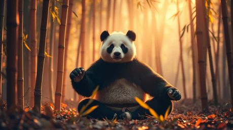 A captivating image of a martial artist panda immersed in deep meditation within a serene bamboo forest. The scene is bathed 
