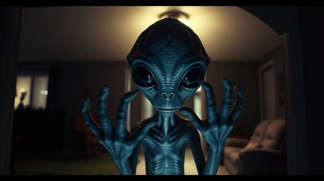 A captivating film still showcases a grey-skinned alien with large eyes and three-fingered hands, inhabiting a typical suburb