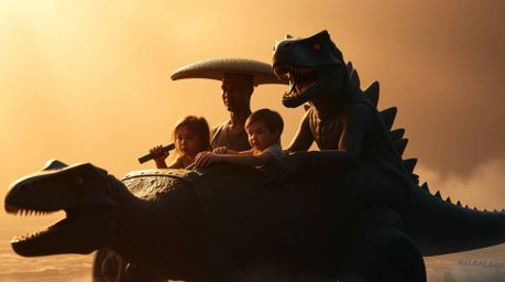 A captivating image depicts a prehistoric family with luminous eyes cruising in a dinosaur-shaped car. Dramatic, high-contra