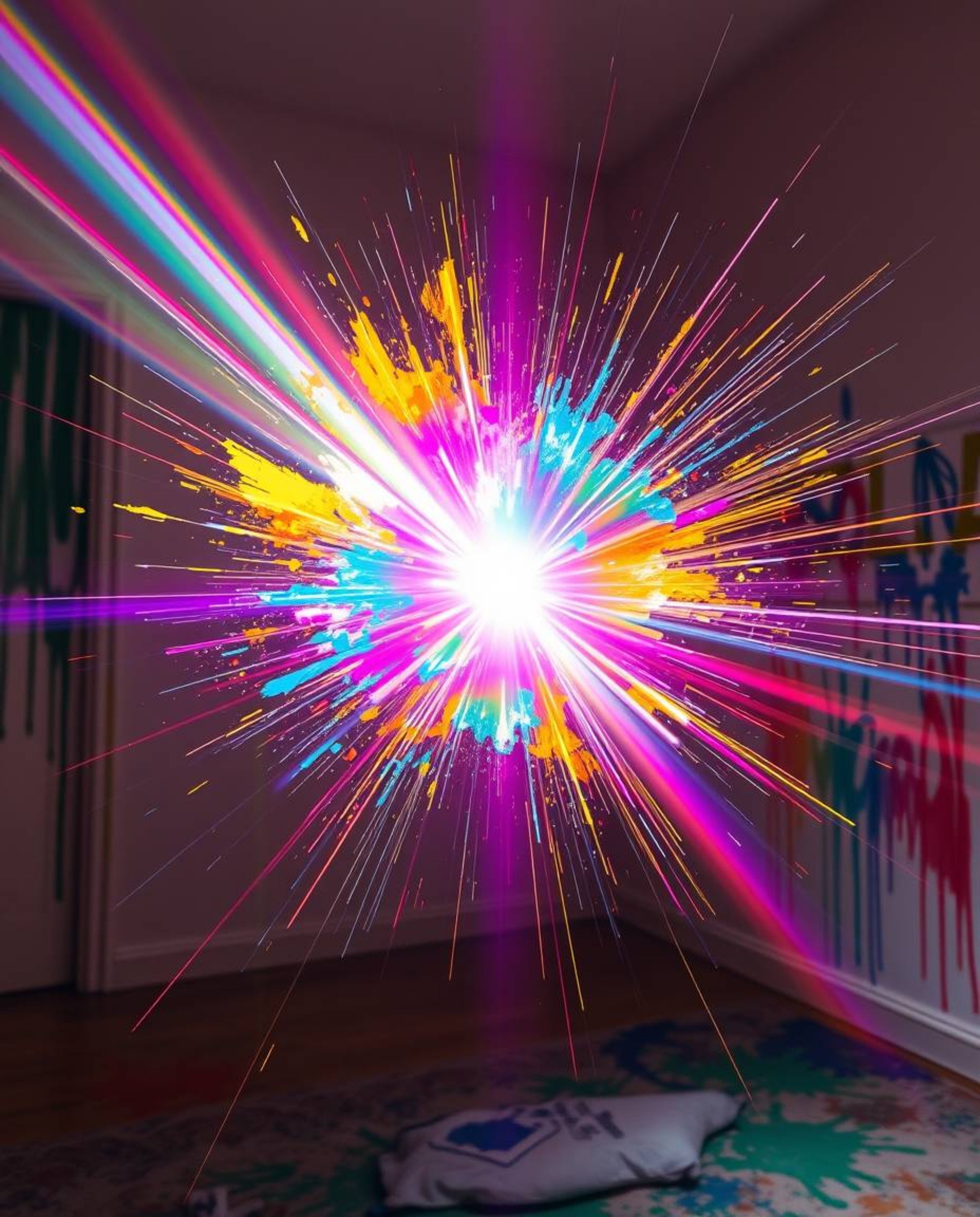 A captivating scene unfolds as lens flare illuminates a room exploding with paint. Vibrant colors streak across the space, cr