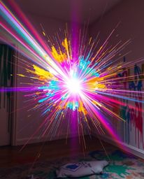 A captivating scene unfolds as lens flare illuminates a room exploding with paint. Vibrant colors streak across the space, cr