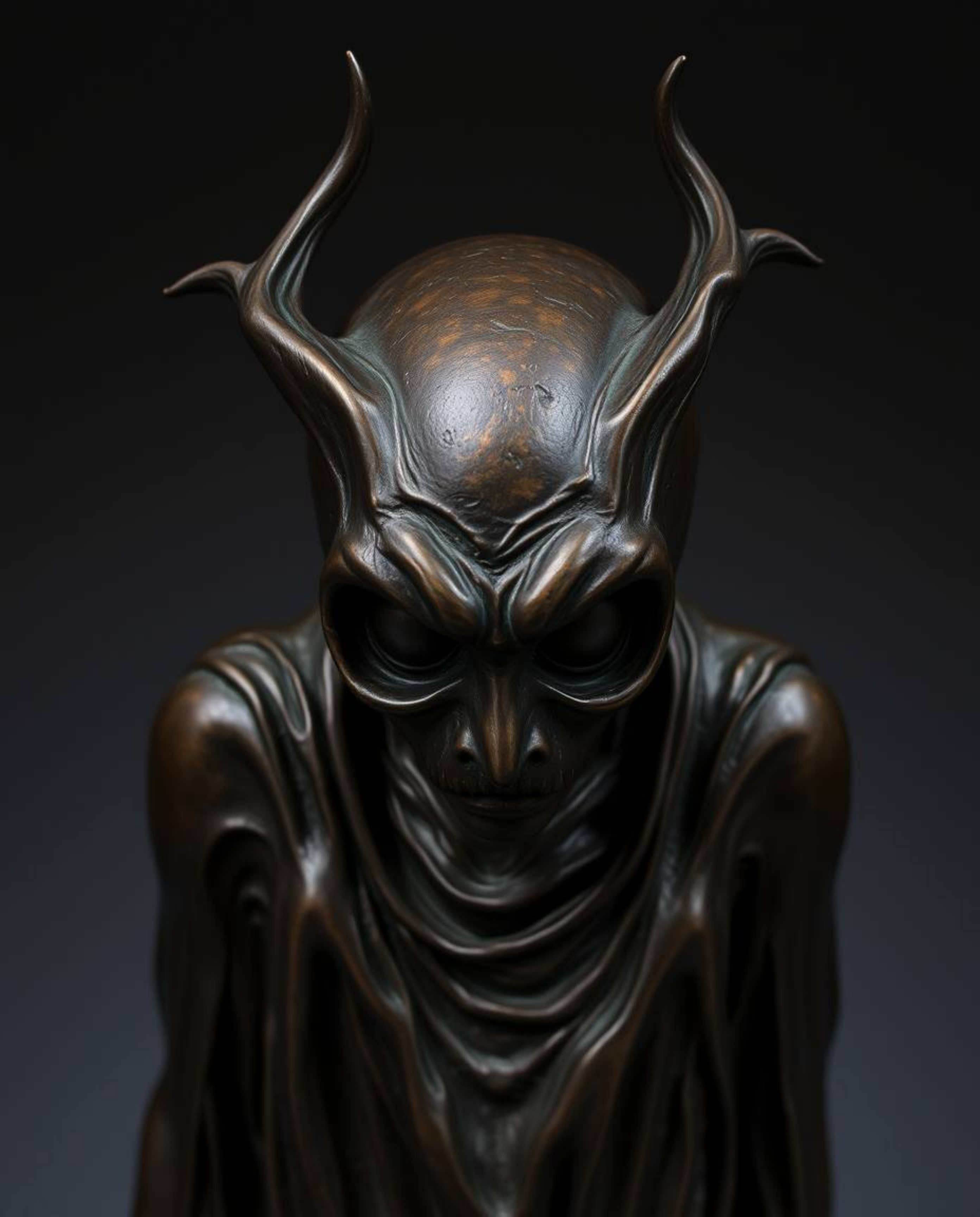 A cast bronze sculpture that evokes an eerie and creepy atmosphere. It features smooth gradient transitions of dark tones, cr