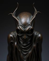 A cast bronze sculpture that evokes an eerie and creepy atmosphere. It features smooth gradient transitions of dark tones, cr