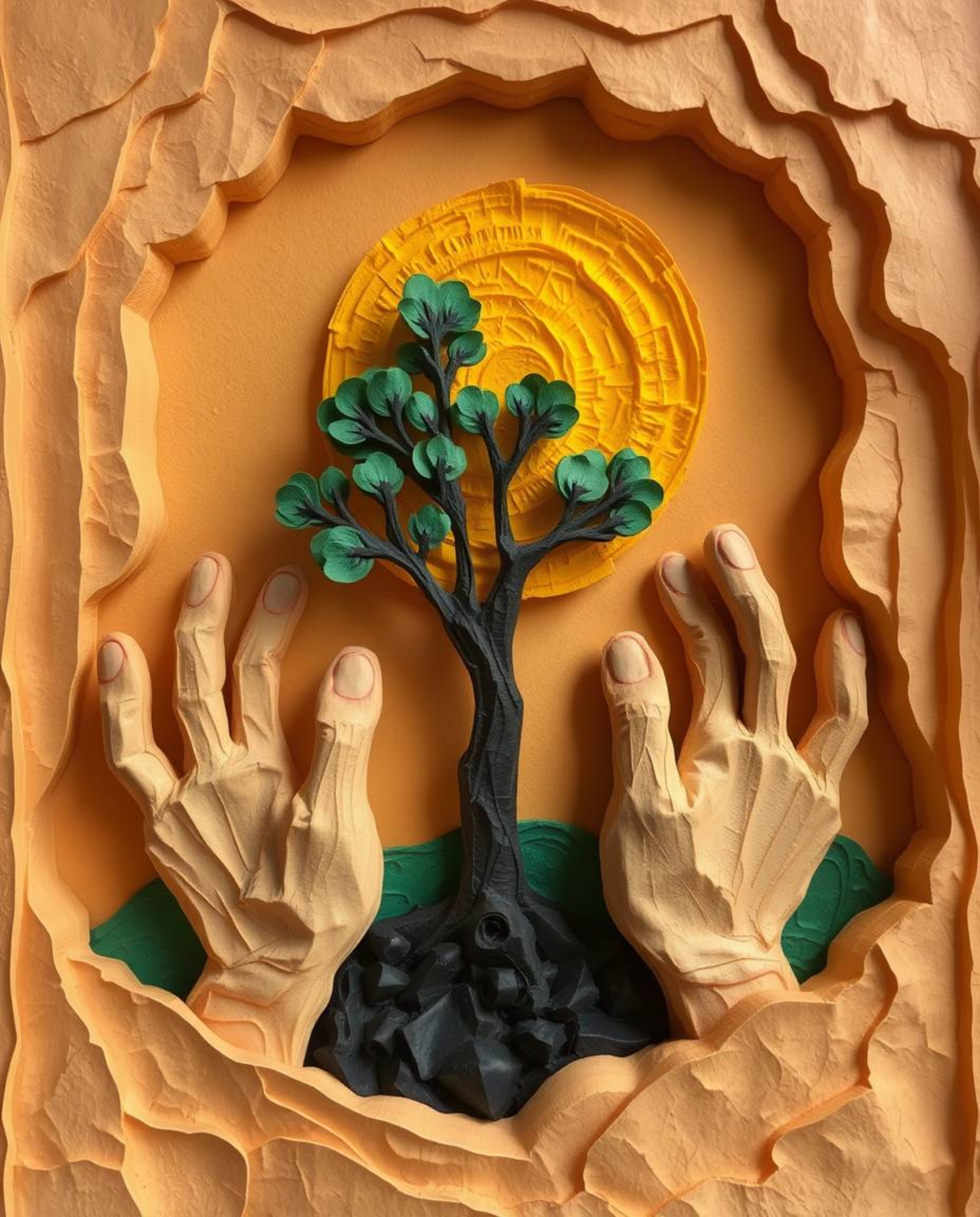 This captivating layered papier-mâché artwork depicts hands lovingly planting a tree beneath a radiant golden sky. The textur