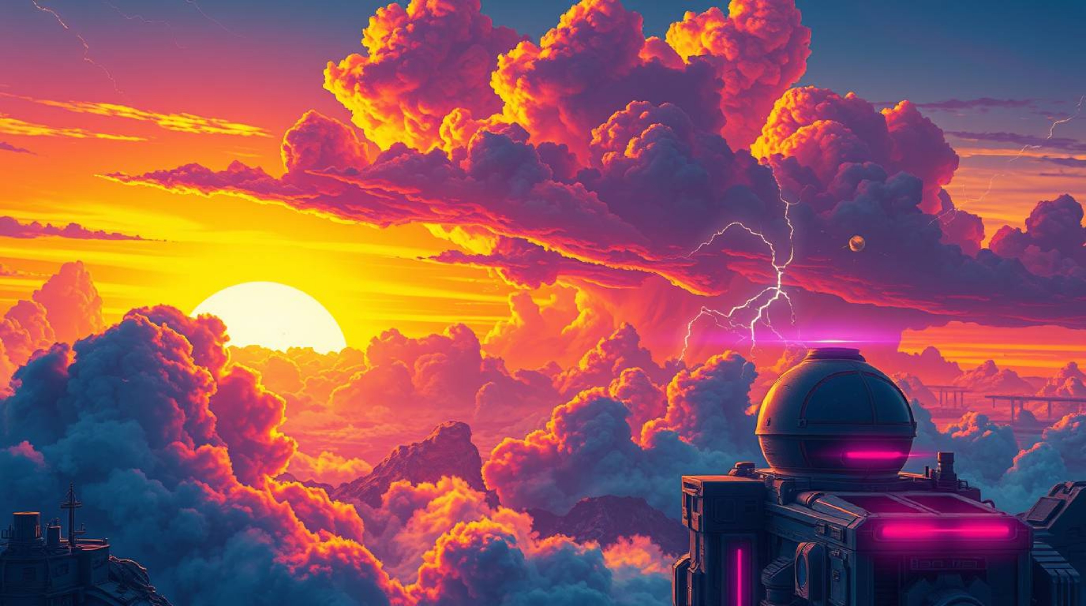 A captivating illustration depicting a futuristic sci-fi scene.  Vivid electric colors illuminate thunderstorm clouds at suns