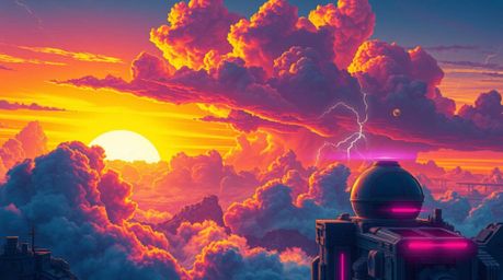 A captivating illustration depicting a futuristic sci-fi scene.  Vivid electric colors illuminate thunderstorm clouds at suns
