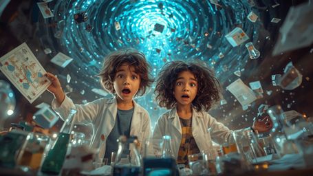 A vibrant, cinematic photograph, in a whimsical, Pixar-inspired style, captures two ecstatic and bewildered science fair stud