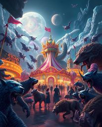 Experience a breathtaking scene of a carnival overrun by wild animals in a massive scale illustration. This heroic artwork fe