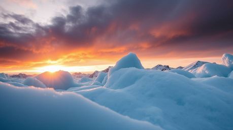 Experience the breathtaking beauty of a dramatic sunset over icy polar glaciers. This low-angle perspective emphasizes the im
