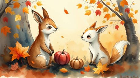 A charming watercolor painting depicts two adorable animals engaged in playful mischief amidst a warm autumn setting.  The ar