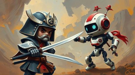 Witness an adorable samurai and a cute robot engage in a captivating battle within a dystopian world, masterfully rendered in