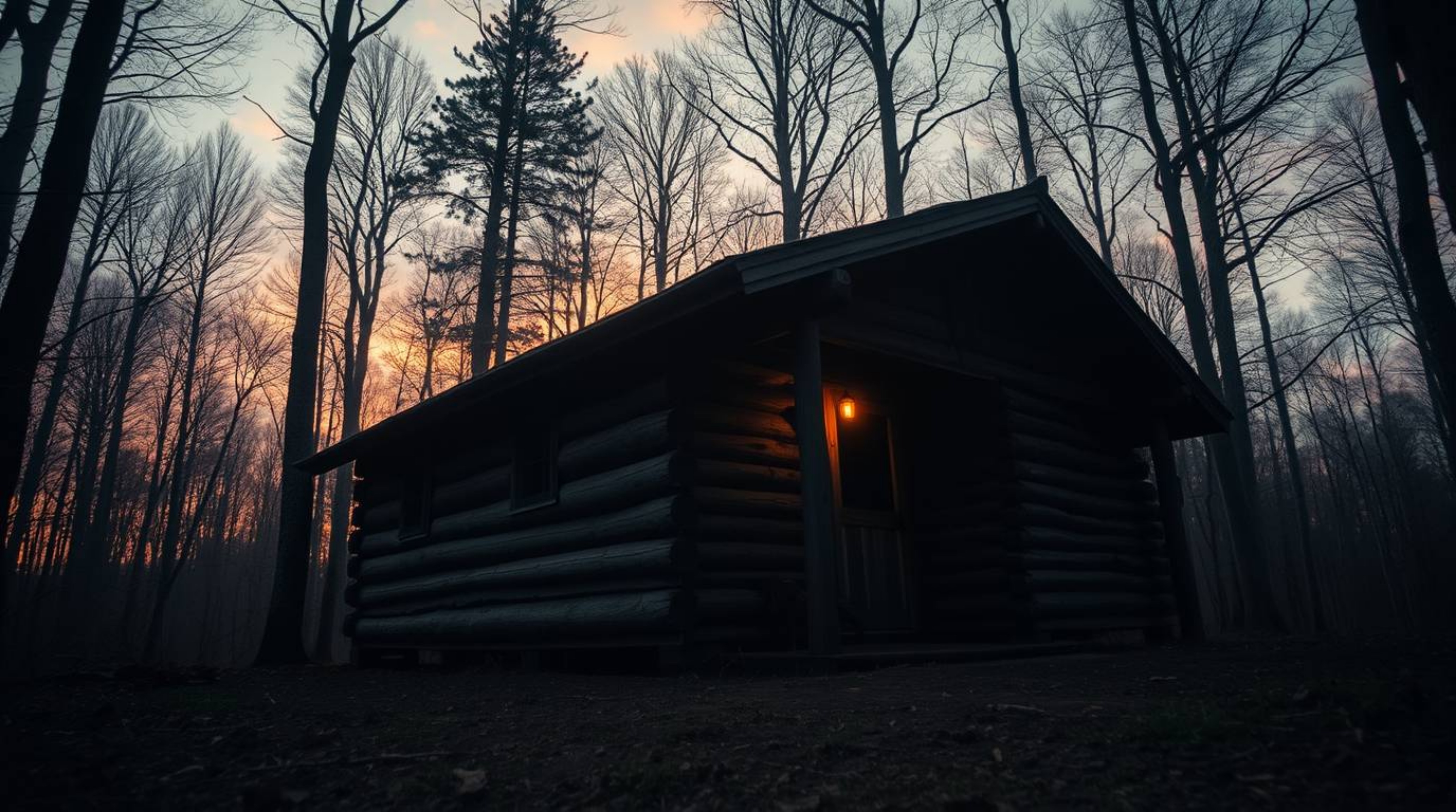 Captured from a low-angle perspective, this image portrays an old wooden cabin nestled within a mystical sunset woods scene. 
