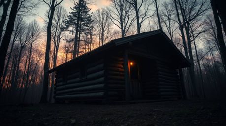 Captured from a low-angle perspective, this image portrays an old wooden cabin nestled within a mystical sunset woods scene. 
