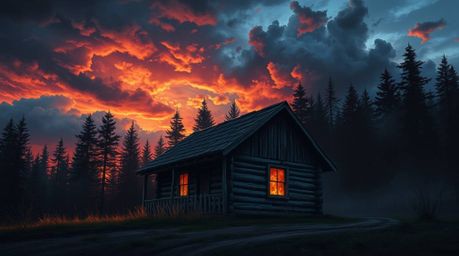 This digitally painted image showcases an old wooden cabin peacefully nestled within a dark forest at sunset. The dramatic li