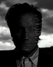 A captivating black and white digital photograph showcases a dramatic transformation. A digital glitch morphs a human face in