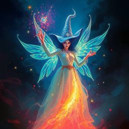 A digital painting showcasing a fairy godmother's appearance in a swirl of sparkles, rendered in electric vivid colors. The a