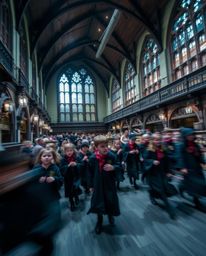 Immerse yourself in the enchanting world of a magical school with this captivating long-exposure photograph. Witness young wi