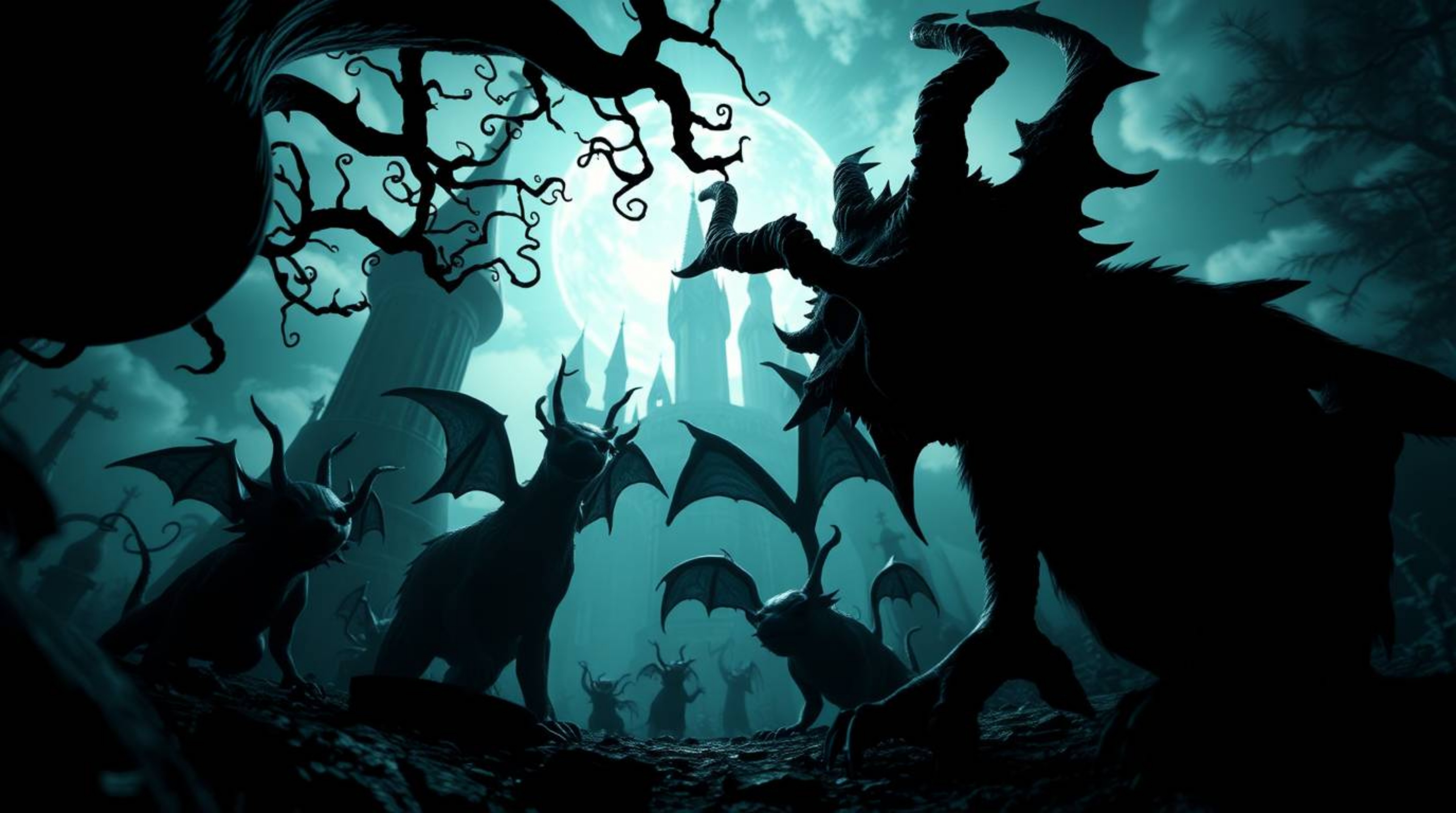 Explore a fantastical kingdom teeming with quirky magical creatures, rendered in striking jet black with dramatic lighting an