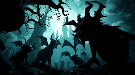 Explore a fantastical kingdom teeming with quirky magical creatures, rendered in striking jet black with dramatic lighting an