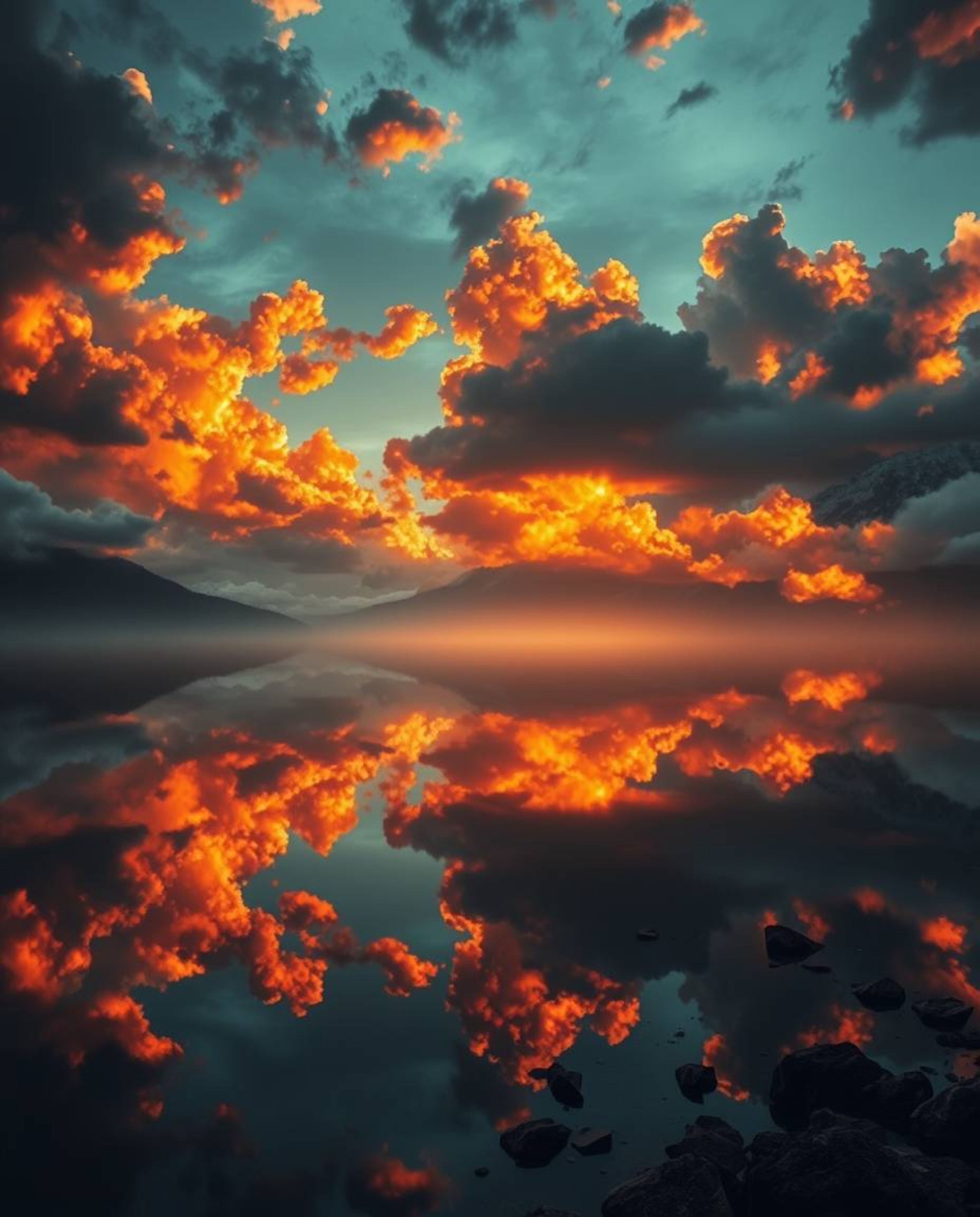 A surreal and dreamlike image depicts the reflections of fiery clouds in a mountain lake. The scene showcases contrasting chi
