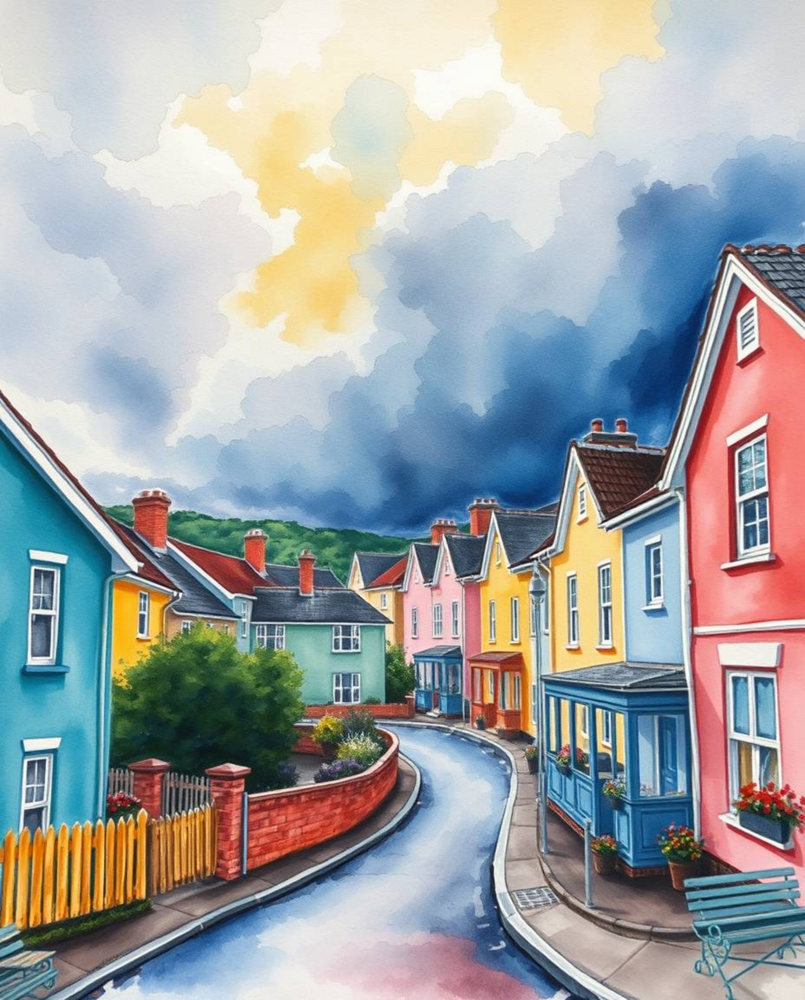 Explore a low-angle watercolor painting depicting a sleepy town adorned with pastel houses. Vibrant complementary colors cont