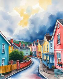Explore a low-angle watercolor painting depicting a sleepy town adorned with pastel houses. Vibrant complementary colors cont