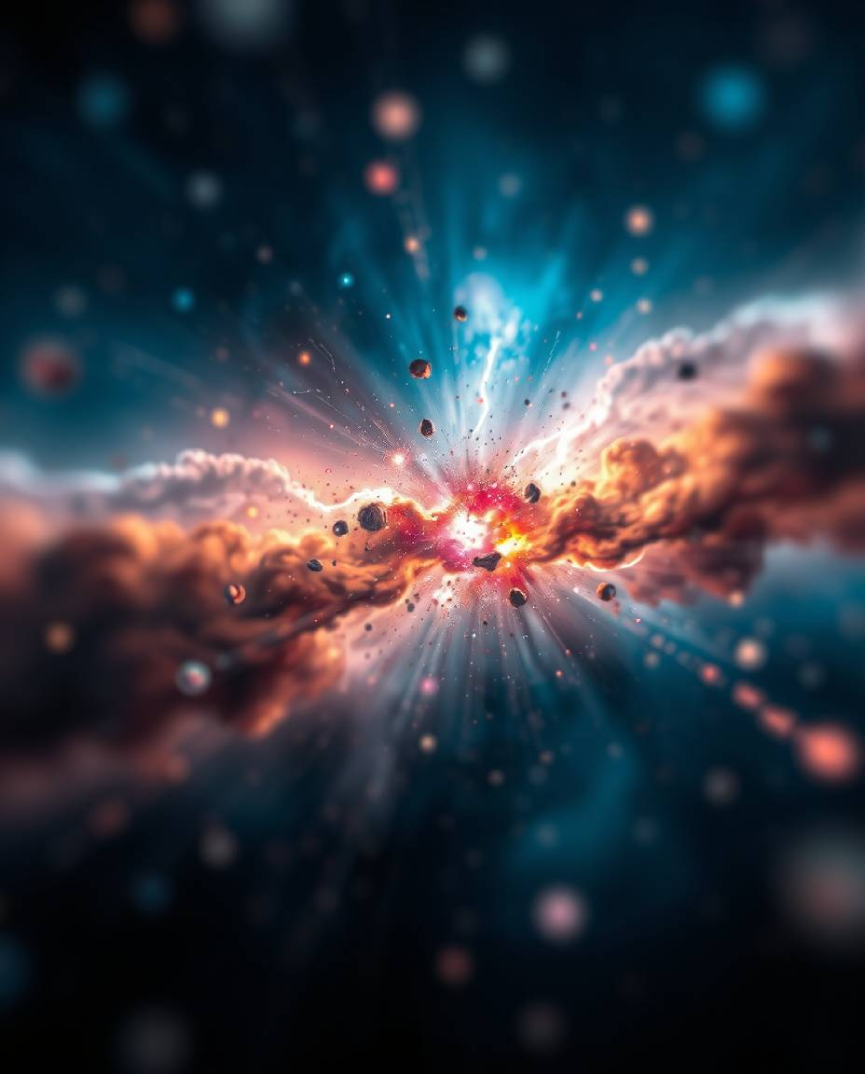 A captivating image showcasing colliding galaxies in a cosmic explosion of light and color.  The intense dramatic weather is 