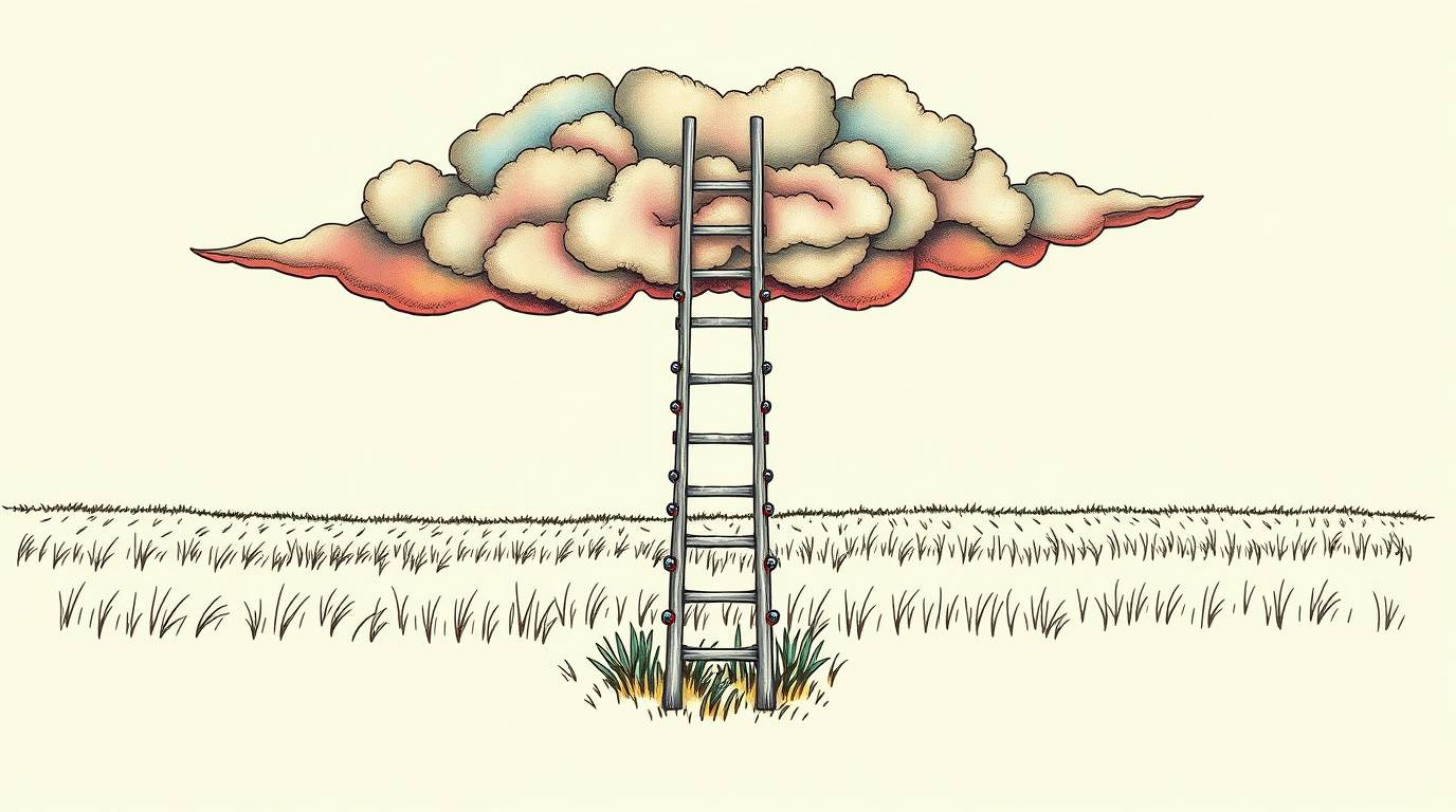 Explore this symbolic traditional tattoo art print featuring a silver ladder in a field under a cloudy sky.  The vibrant colo
